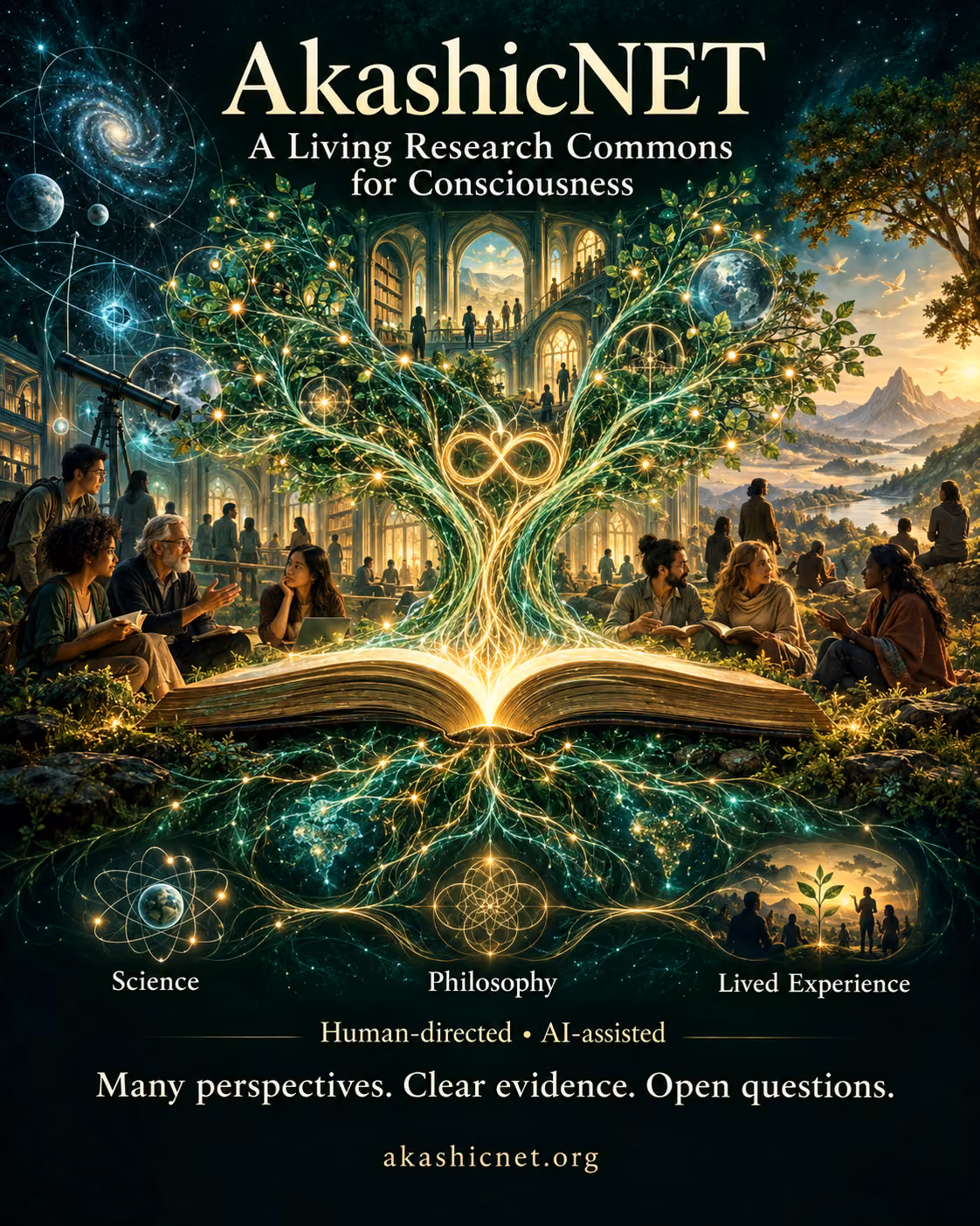 AkashicNET: A Living Research Commons for Consciousness. An open book grows into an emerald and gold tree, connecting people, a library and nature. Science, Philosophy, Lived Experience. Human-directed, AI-assisted. Many perspectives. Clear evidence. Open questions.