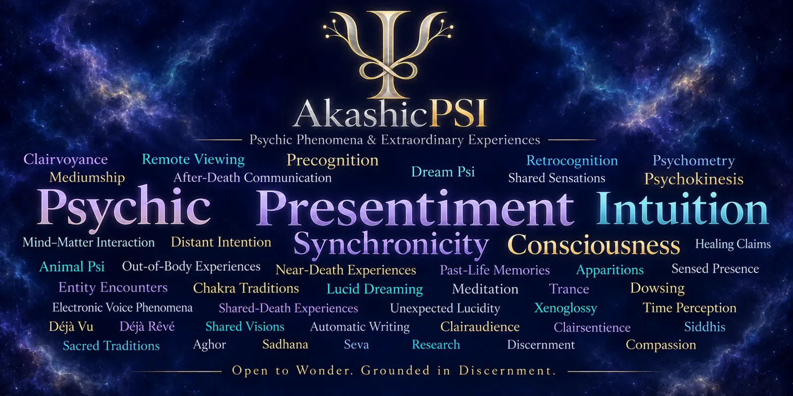AkashicPSI: a golden Psi and infinity sigil above a cosmic word cloud, featuring Psychic, Presentiment, Intuition, Synchronicity and Consciousness. Open to Wonder. Grounded in Discernment.