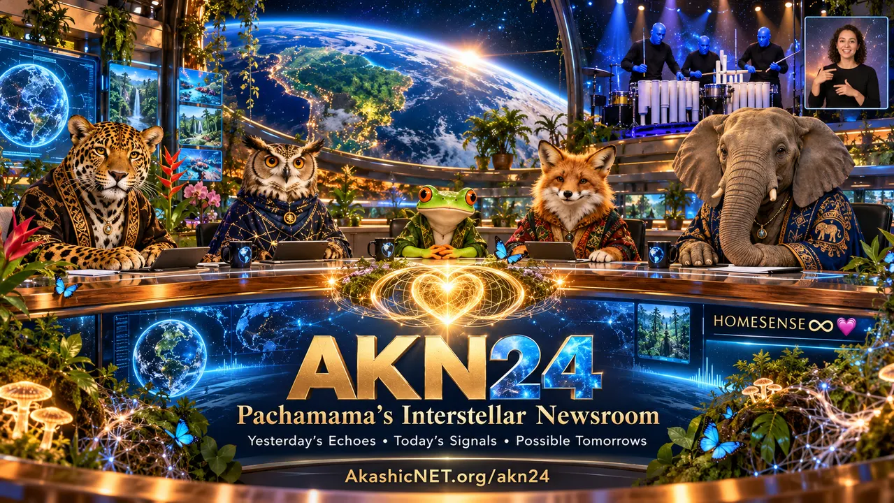 A jaguar, owl, frog, fox and elephant present AKN24 from an imagined orbital newsroom above Earth.