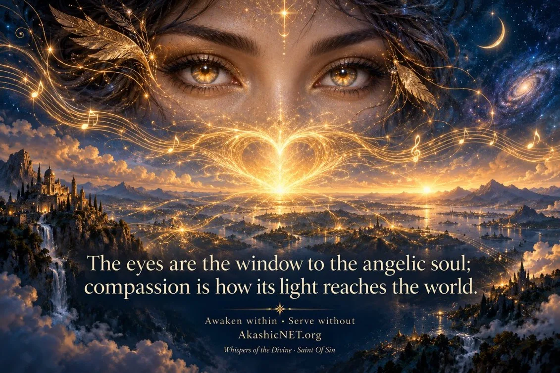 Golden eyes above a luminous heart and imagined landscape. Embedded text: The eyes are the window to the angelic soul; compassion is how its light reaches the world. Awaken within · Serve without. AkashicNET.org. Whispers of the Divine · Saint Of Sin.