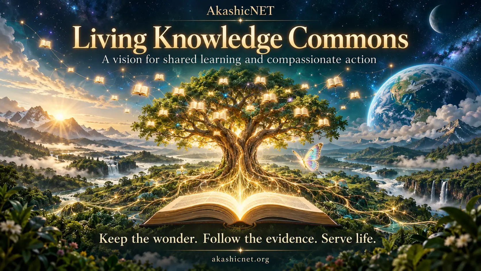AkashicNET Living Knowledge Commons: an open book grows into a luminous tree linked to books and stars above a green landscape, with Earth and a butterfly. A vision for shared learning and compassionate action.